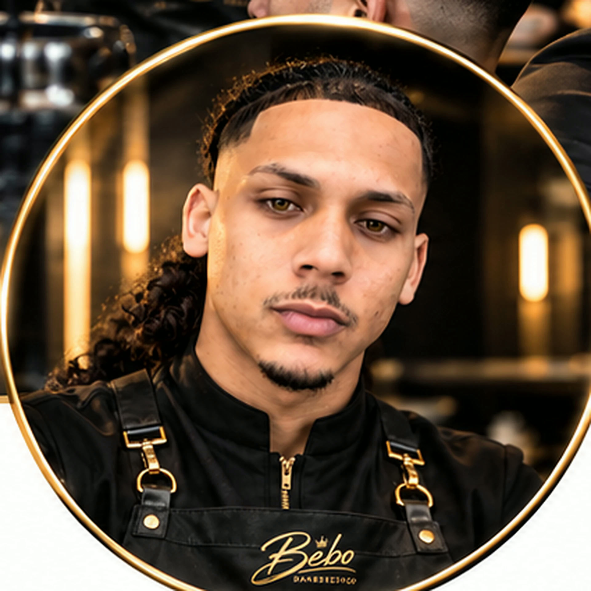 Yeury Paulino “Bebo”, barbero profesional, con el mandil de BEBO BARBERSHOP